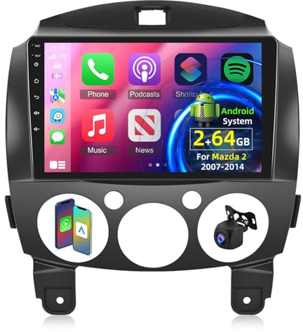 [2+64G] Android 13 Autoradio für Mazda 2 2007-2014 mit Wireless Carplay & Android Auto - 9 Zoll Touchscreen Autoradio mit WiFi GPS Mirror Link DSP FM/RDS Radio SWC+ AHD Rückfahrkamera