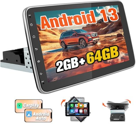 Hexinex Android 13.0 [2GB+64GB] Radio Coche 1 DIN Universal con Pantalla Táctil Inclinable y Giratoria de 10.1 Pulgadas, Autoradio Admite CarPlay/Android Auto Inalámbrico/MirrorLink/WiFi/Bluetooth/FM