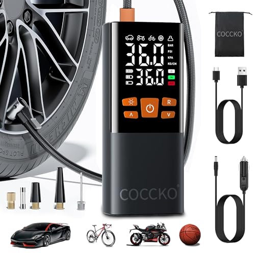 Elektrische Luftpumpe,COCCKO 150PSI Tragbare Akku Mini Kompressor, Digitale Anzeige Elektrische Fahrradpumpe, LED-Licht, wiederaufladbar Reifenfüller für Auto Motorrad Fahrrad Ball Reise Camping