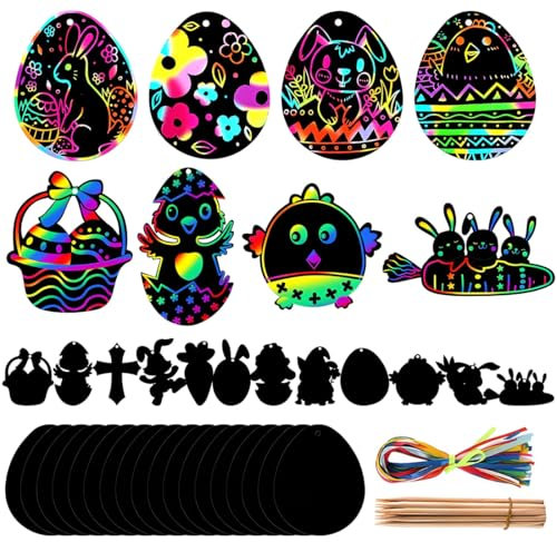 WHYCNJL 24 Pezzi Immagini Graffiate per Bambini, Coniglio di Pasqua e Uova Scratch Art Artigianato Pasquale, Carta Grattare Decorazioni Pasqua da Appendere-per Regalo Artistici