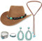 5 Stück Western Cowboy Hut Accessoire Set für Damen, 70er Jahre Boho Hippie Kostüm mit Cowboyhut Bohemian Türkis Halskette Ohrringen Ringen für Erwachsene Cosplay Karneval