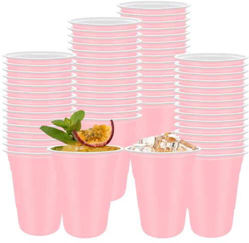 60 Pcs Pink Plastic Cups- 16 oz Reusable Plastic Party Cup Sturdy Colored for Drinking Wedding Birthday Party Christmas