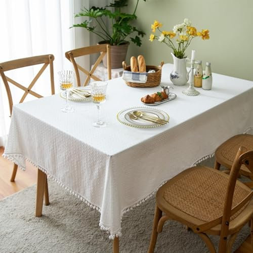Tischdecken Weiß 140x180 cm Baumwolle, Tischtuch Lotuseffekt Rechteckig Jacquard Einfarbig Tischwäsche Abwaschbar mit Pompon-Quasten für Wohnzimmer, Esszimmer, Balkon, Garten