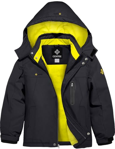 GEMYSE Jungen Skijacke Wasserdichte Winddichte Winterjacke Mit Warmer Fütterung Kinder Schneejacke mit Kapuze für Outdoor(Schwarz mit gelbem Futter,160-168)