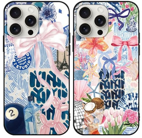 Phoona 2 Pack Cute Bow Case for iPhone 15 Pro Max 6.7, European Collage Preppy Summer Girly Design Pattern for Girls Women, Slim Soft Silicone Shockproof Bumper Protector Cover, Blue 01