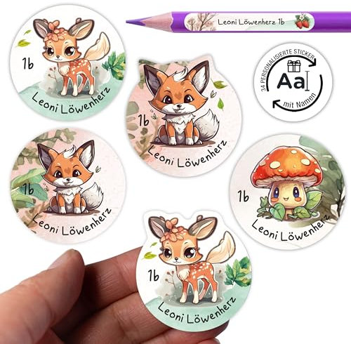 TOBJA Namensaufkleber Kinder Schule personalisiert | 36 wasserfeste Sticker mit Namen für Hefte & Schule | Permanent haftend | Süßes Waldtiere Design für Mädchen & Jungen
