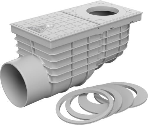 SaniVia Scarico Laterale per Tubo Antipioggia DN 110, con sifone e Struttura Piatta, con Anelli adattatori da 75 – 125 mm, Scarico per grondaia, in plastica, Grigio