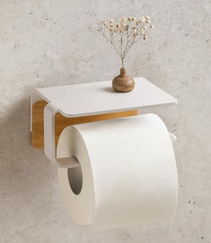 KAZAI. Toilettenpapierhalter ohne Bohren | Metall mit Echtholz-Bambus | Klopapierhalter mit Ablage zum Kleben | Klorollenhalter Bad | WC-Papier-Halterung | Weiß, Bambus