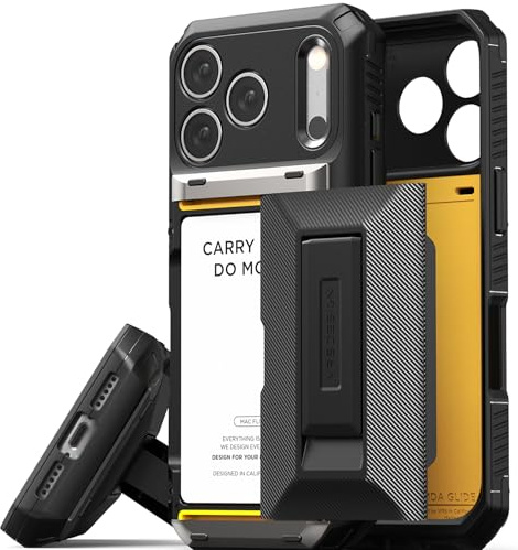 VRS DESIGN Damda Glide Hybrid-Schutzhülle für iPhone 17 Pro (2025), robuste, halbautomatische Kartenschlitze, Brieftasche, 4 Kartenfächer, Ständer, entworfen für iPhone 17 Pro (2025), Mattschwarz