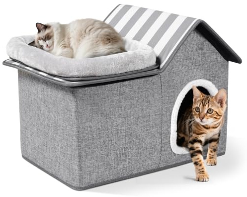 Zvonema Katzenhaus, 2-stöckige Katzenhöhle Filz, Schutz der Katzennägel, Stabile Katzenhaus Indoor mit Weich & Waschbar Katzenkissen, Faltbares Katzenbett, für kleine & mittlere Haustiere-57x38x41CM