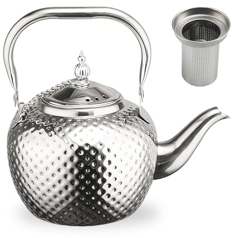 GOEDCH Hervidor de té de acero inoxidable martillado de 1,2 litros: aislamiento térmico con filtro y mango antiescaldaduras, tetera de acero inoxidable para casa, restaurante, suministros de viaje al