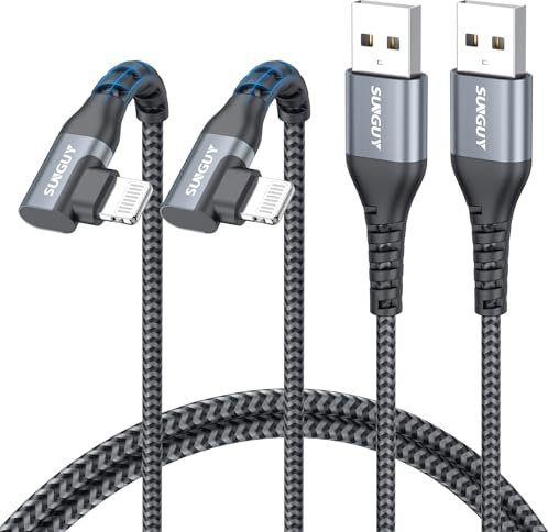 SUNGUY USB-A to Light-ning Cable Right Angle,[3.3FT 2Pack] USB to Light-ning Charger Cord 90 Degree Nylon Braided Compatible with i-Phone 14/13/12/11 Series X SE i-Pad9/mini -Grey