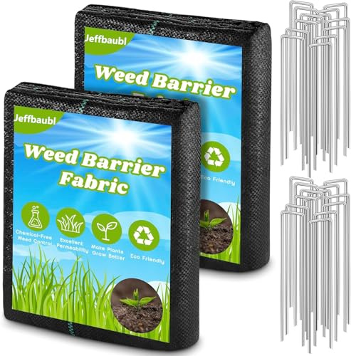 Jeffbaubl Unkrautvlies Gartenvlies 2er Set, 4 X 50 FT | Reißfestes, Wasserdurchlässiges Unkrautschutzgewebe mit 30 U-förmigen Pfählen for Landschaftspflege Beetabdeckung