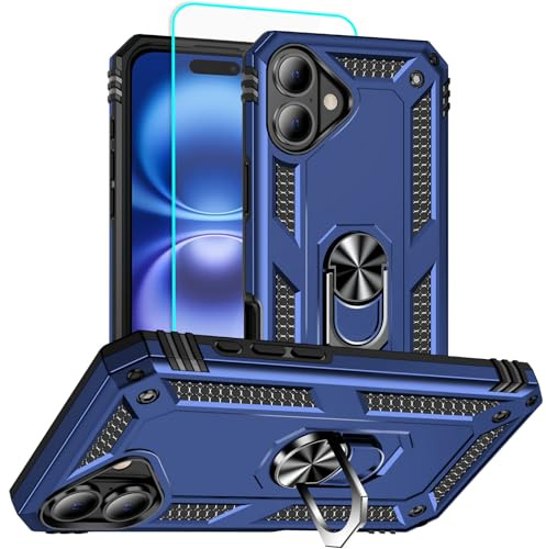 Aozuoton for iPhone 16 Case with Screen Protector, 360°Military Grade Rotatable Kickstand (Heavy Duty) Shockproof Protective - Case for iPhone 16 Blue