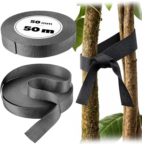 KADAX Baumbindeband 50mm x 50m, Bindeband zur sicheren Befestigung von Bäumen & Sträuchern, Baumbinder aus Polypropylen, Baumbefestigung, Pflanzenbinder (Schwarz)