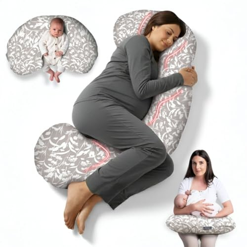 3 in 1 Pregnancy Pillow – Full Body Pillow Support for Pregnant Women - Adjustable C Shaped Pregnancy Pillows for Sleeping, Nursing & Baby Lounger - Washable Organic Cotton Cover (Foraged Herbs)