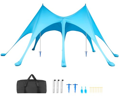 VEVOR Tenda Parasole da Spiaggia Protezione Solare UPF 50+ Portatile Capienza 10-12 Persone, Tenda da Spiaggia da Sole Sacchi di Sabbia Ancoraggio Pali di Supporto, per Campeggio Viaggio Pesca, Blu