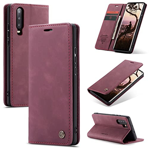 Ottcooed Handyhülle für Huawei P30 Pro Hülle, Premium Leder Flip Case, Magnet Klappbar Klapphülle Tasche, Standfunktion Kartenfach Wallet Schutzhülle für Huawei P30 Pro, Weinrot