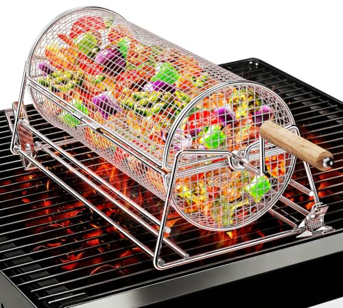 2-en-1 Panier à Barbecue Roulant Rotatif, Inoxydable 304 avec Poignées Détachables Doubles Manivelle et Droite, Accessoires BBQ pour Légumes Crevettes, Cadeau Idée Homme Papa Mari Anniversaire