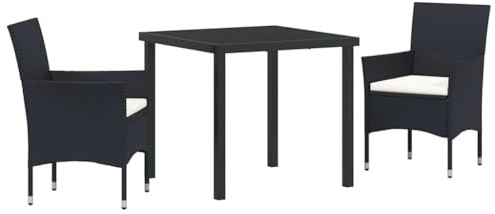Mhdvray Garten Essgruppe 3tlg Schwarz Poly-Rattan mit gehärtetem Glastisch 160x80 cm wetterfeste Kissen Modernes Design Robust für Balkon Terrasse und kleine Gärten