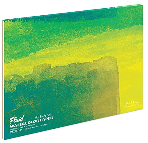 Fluid Artist Watercolor Paper Block, 9 x 12 inches, 15 White Sheets, 140 lb (300 GSM) Hot Press Pad for Painting and Wet Media