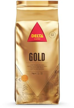 Delta Cafés - Café en Grano Gold - 1 Kg - Intensidad 12 - Mezcla de Granos de Café Tostados Arábica y Robusta - Muy Aromático con Notas de Cereales y Palomitas