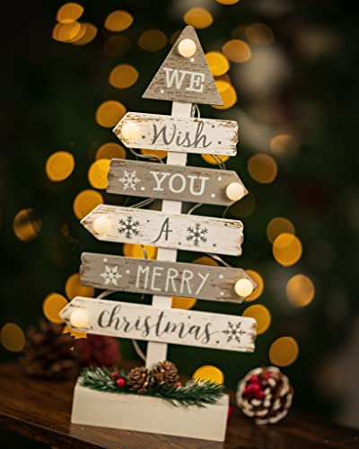 Garden Mile RUSTICO 40cm Illuminare a batteria in legno piano del tavolo Albero Di Natale con galleggiante 3D stelle bianco caldo OLOGRAMMA LUCI LED shabby chic Festivo finestra o