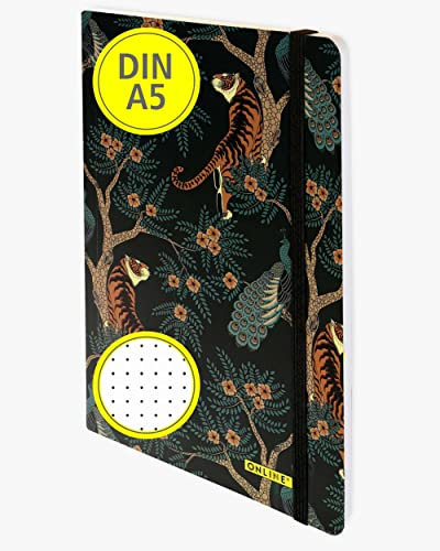 Online Bullet Journal dotted A5 mit Gummiband Jungle Tiger, 120 g/m² FSC Papier, 144 Innenseiten Notizbuch gepunktet mit Soft Cover, Tagebuch für Notizen, Skizzen, Lettering, 18020