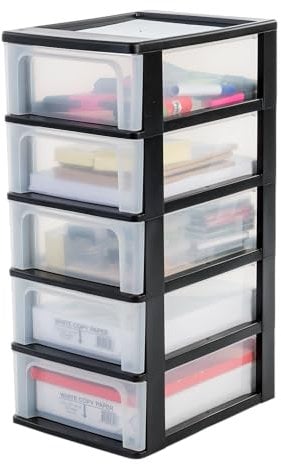 Iris Ohyama Plastic Storage Drawers Unit, 5 Shallow Drawers, Black, Easy-Pull Drawers, A4, A5 & A6 Format, File Organiser, For Office, School, Stationary, BPA Free, Chest, Tower, OCH-2005