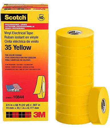 Scotch Cinta aislante de codificación de color de vinilo 35, 3/4 pulgadas x 66 pies, amarillo, 10 rollos/cartón, 100 rollos/caja