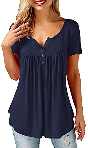 Amoretu Femme Chemise Col V Femme Haut Sexy Chemisier T Shirt Manche Courte Automne Hiver Casual Uni Tunique Top Bleu Marine XXL