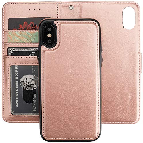 Bocasal iPhone Xs iPhone X Wallet Case with Card Holder PU Leather Magnetic Detachable Kickstand Shockproof Wrist Strap Removable Flip Cover for iPhone Xs/X 5.8 inch (Rose Gold)