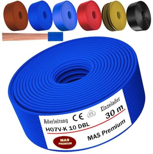 MAS Premium Da 5 a 100 m Cavo unipolare, H07 V-K, 10 mm², nero, marrone, blu scuro, verde-giallo, blu chiaro o rosso, cavo singolo flessibile (blu scuro, 30 m)