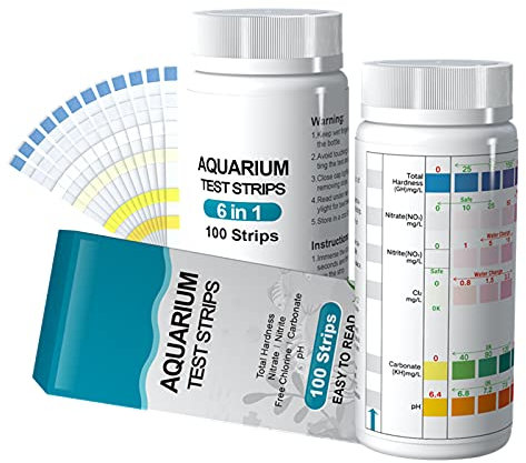 6 in 1 Aquarium Teststreifen, 100 Streifen Aquarium Test Kit zum Testen von PH Nitrit Nitrat Chlor Allgemein Karbonathärte, genaue Salzwasser, Süßwasser Aquarium Wasserprüfung