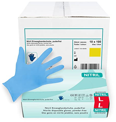 Nitrilhandschuhe 1.000 Stück in L I Puderfreie Einmalhandschuhe I Geeignet für Lebensmittelbereich, Kosmetik & als medizinische Untersuchungshandschuhe I Robuste Einweghandschuhe