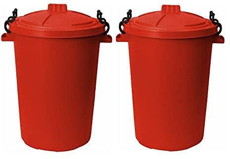 M1SS (Set of 2) 50 Litre Heavy Duty Plastic Clip Lock Lid Bin Indoor or Outdoor Rubbish, Dustbin, Trash, Waste or Storage of Animal Feed. (Red)