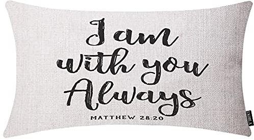 EKOBLA Dekorativer Kissenbezug mit Bibelvers I Am with You Always, Matthew Jesus, Baumwollleinen, Bauernhaus-Kissenbezug, 30,5 x 50,8 cm, für Couch, Sofa, Heimdekoration