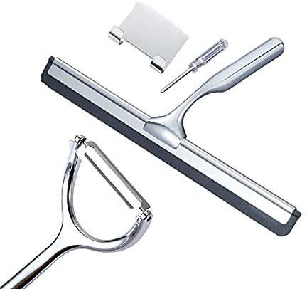 Duschabzieher Edelstahl 23cm fensterwischer Silikon mit Wandaufhänger ohne Bohren, Abzieher Dusche mit Ersatz Silikonlippe und 1 Sparschäler (Color : A)