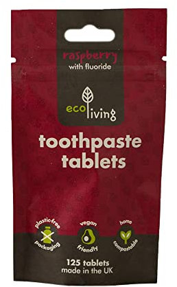 ecoLiving Toothpaste Tablets: Natural Rasberry Flavor; Eco-Friendly Teeth Whitening; 2 Month Refill Supply in Compostable Pouch; Vegan; SLS Free; Plastic-Free Fluoride Tabs; Made in UK; 125 Tablets