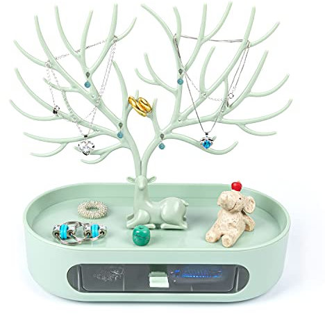 KYYLZ Schmuckständer mit Schublade Aufbewahrung,3-in-1 Geweih Schmuckständer,Mädels Deko Schmuckbaum für ketten,Halsketten,Ohrringe,Ringe,Armbänder,Uhren,Ideale Valentinstag Geschenke für Damen(Grün)