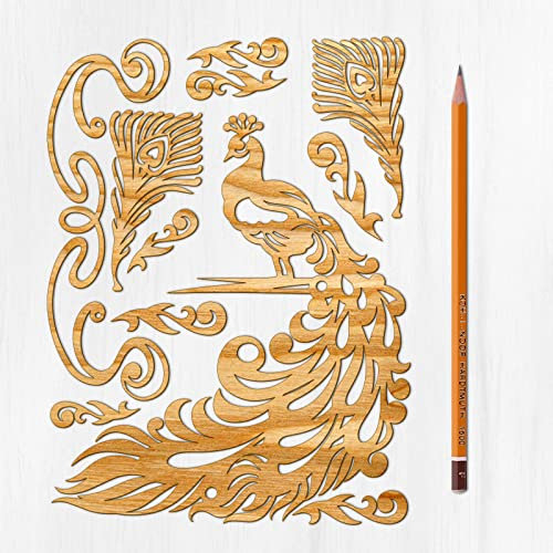 Ajoure Wooden Chipboard Lasercut Large Embelishments # Art Nouveau Peacock Silhouette Feather Border Corner Vintage Veneer Woodcraft Art Deco