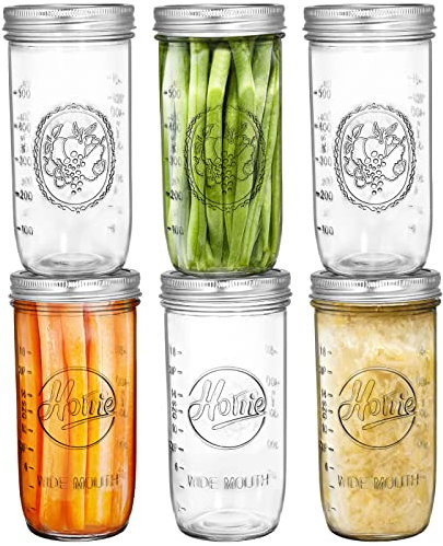 Tebery 6 Pack Wide Mouth Home Glass Mason Jars with Airtight Lids and Bands, 24-Ounce Canning Glass Jars for Canning, Fermenting, Pickling, Meal Prep, Overnight Oats, Jam, Jelly