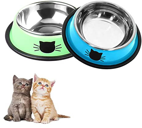 Cat Bowl Set (2-Piece), Stainless Steel Non-Slip Cat Bowl Combination, Suitable for Feeding and Watering Small Animals such as Puppies, Hamsters, Rabbits, etc (Blue + Green)