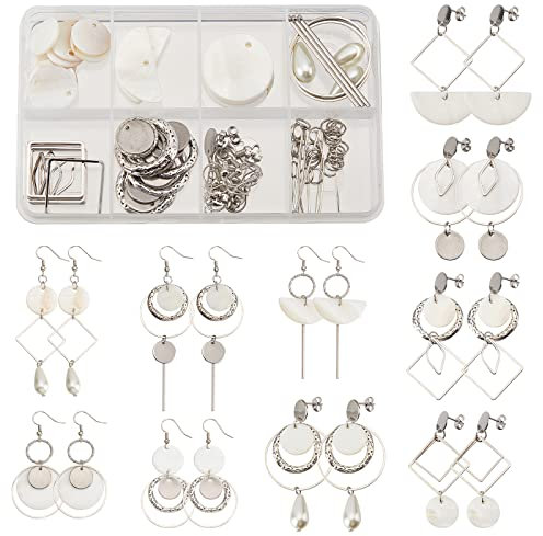 SUNNYCLUE 1 boîte Bricolage 10 Paires Plat Rond Coquillage Pendentif à Breloque Coquille Breloques Boucles d'oreilles Kit de Fabrication Coquillage Naturel Breloques Nacre Bijoux Fabrication