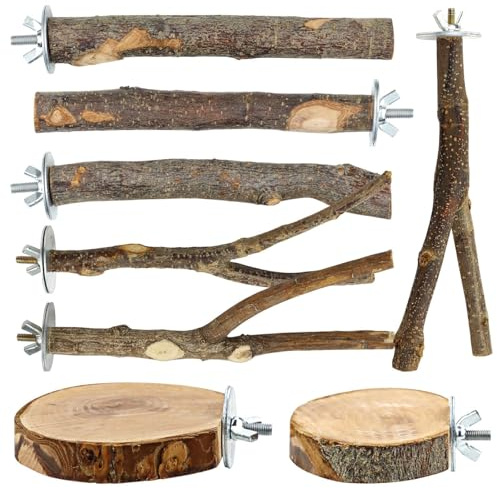 CZWESTC 8 PCS Bird Perch Set for Cage - Natural Apple Wood Platforms & Hardwood Branches for Parakeets, Budgies, Cockatiels - Small Bird Habitat Gym, Climbing Stand & Safe Chew Toys