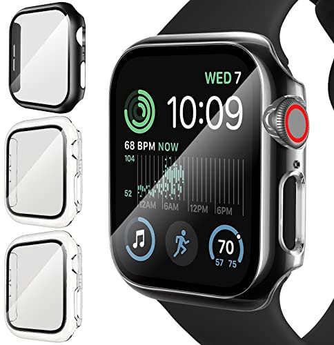 ivoler 3 Piezas Funda para Apple Watch SE (2025/2022/ 2020) Series 7 6 5 40mm, Protección Completa Protector de Pantalla de Cristal Templado Antigolpes Anti-arañazos Carcasa, 2 Transparente + 1 Negro