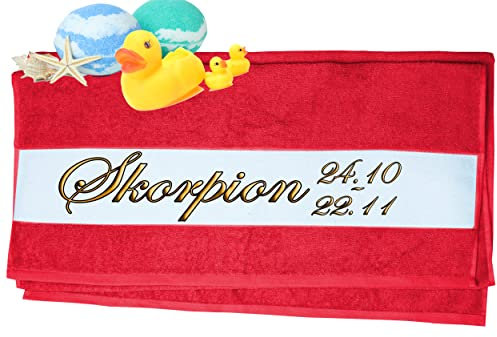Print Deluxe Handtuch mit Sternzeichen personalisiert Bedruckt| Duschtuch, Badetuch, Saunatuch, Sporthandtuch| Frottiertücher |Geburtstag persönliches Geschenk Idee | Größe:70x140cm (Skorpion, Rot)