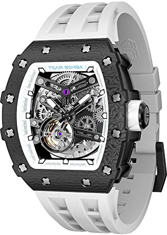 TSAR BOMBA Herren Uhr Automatik Tonneau Skelett Luxus Armbanduhr 50M Wasserdichter Analoge Mechanische Tauchen Quadratische Hohle Watch Japanisches Uhrwerk Saphirspiegel Silikonband