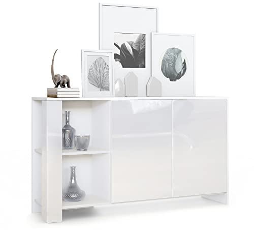 Vladon Sideboard Canto, Made in Germany, Lange Anrichte mit 2 Türen und 6 Fächern, Korpus Weiß matt, Fronten Weiß Hochglanz, Dekor-Paneele Weiß Hochglanz (143 x 81 x 36 cm)