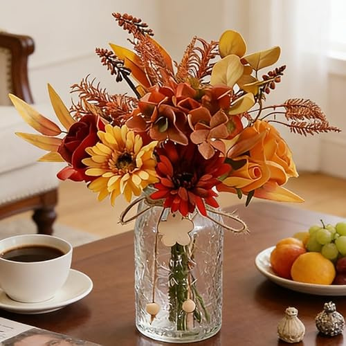JARELING Seidenblumen mit Vase, künstliches Blumenarrangement mit Glasvase, Kunstrosen, Gänseblümchen für Dekoration, Tischdekoration, Gänseblümchen, Orange